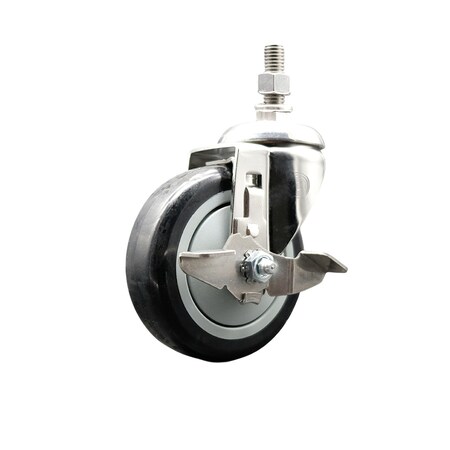 Service Caster 4 Inch 316SS Black Polyurethane Swivel 1/2 Inch Threaded Stem Caster with Brake SS316TS20S414-PPUB-BLK-TLB-121315